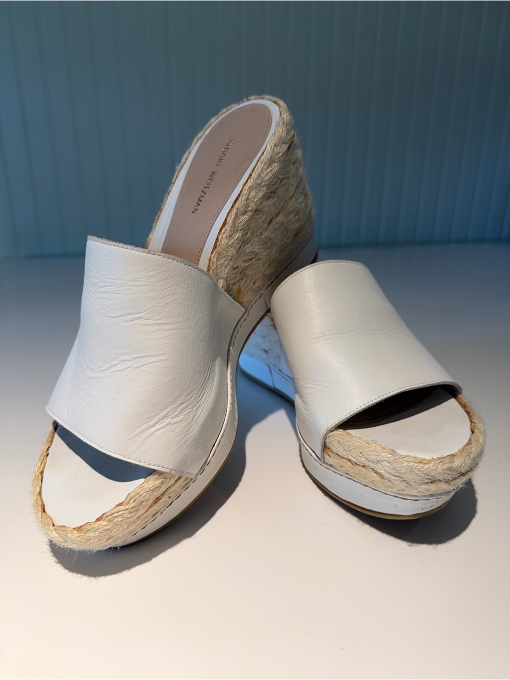 Stuart Weitzman White Leather Espadrille Wedge Slide